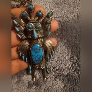 Vintage Silvertone Native Kachina Dancer Faux Turquoise Necklace Chain Pendent
